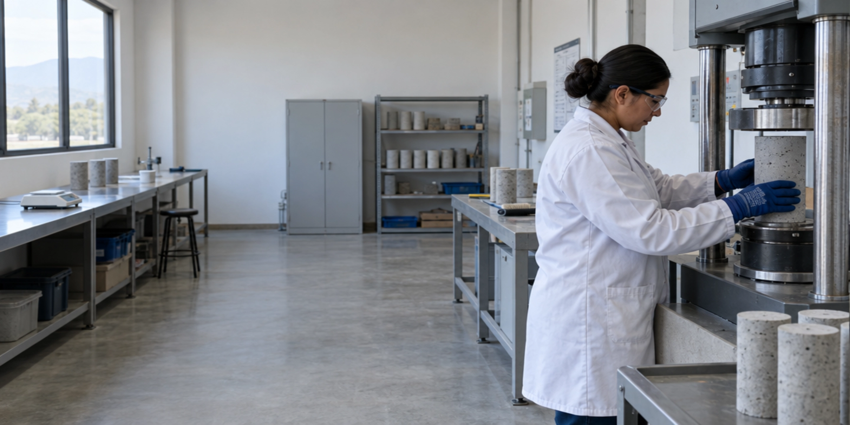 Preparación de un espécimen de concreto en una prensa de laboratorio